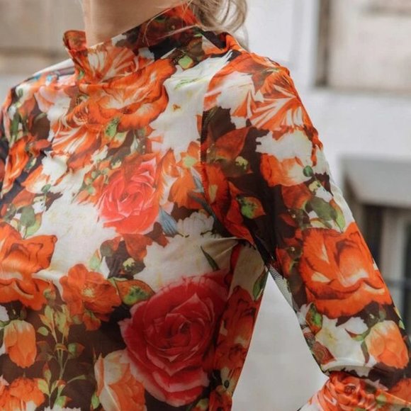 Orange Floral Mock Neck Mesh Top in M and L - Picture 3 of 3